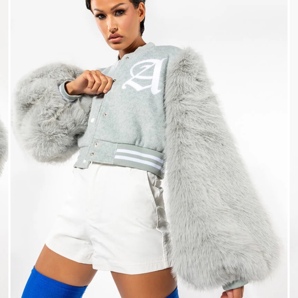 Azalea Wang gray bomber jacket with faux fur sleeves sz small coat $140 sold out